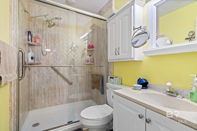 full bathroom featuring toilet, a shower stall, and vanity