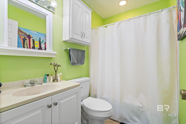 full bathroom with toilet, shower / bath combo, and vanity