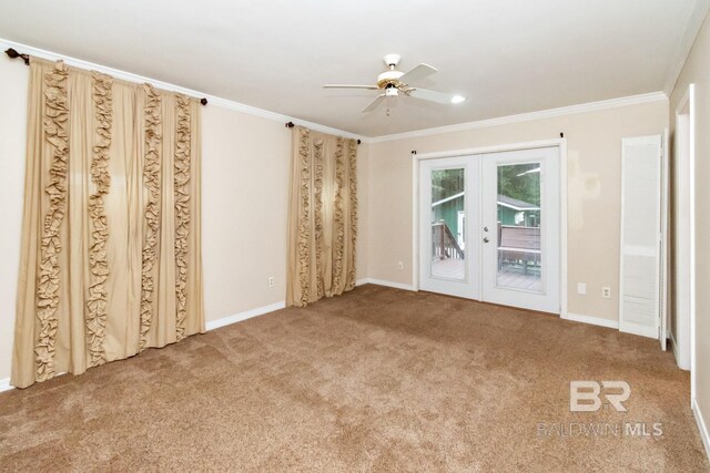 unfurnished bedroom with light carpet, access to outside, and ceiling fan