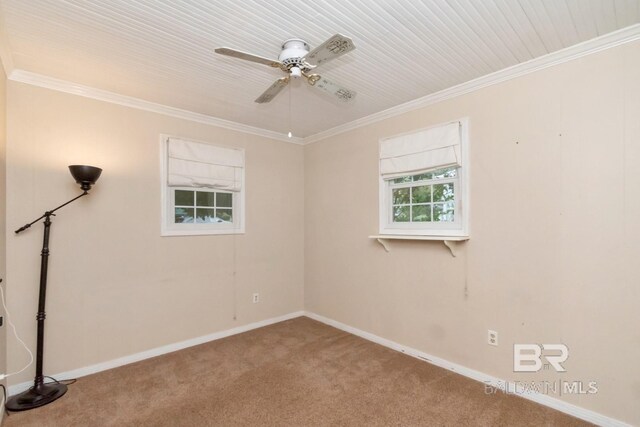 carpeted empty room with ornamental molding and ceiling fan