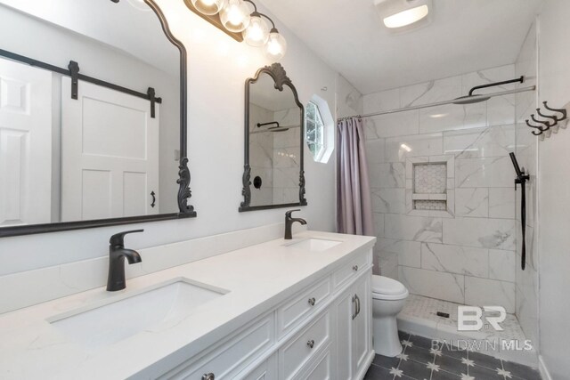 bathroom with vanity, toilet, and curtained shower