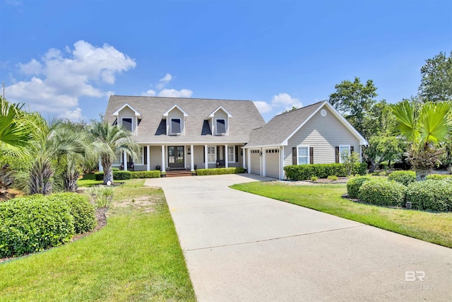 cape cod-style house featuring a garage, a front lawn, and covered porch