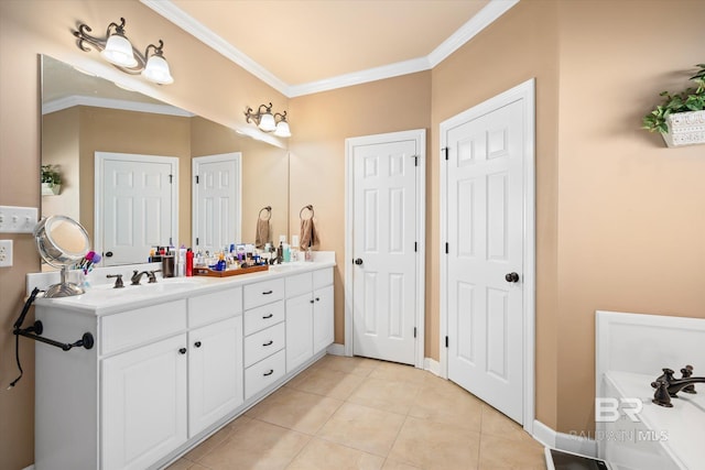 bathroom featuring vanity, tile patterned flooring, and crown molding