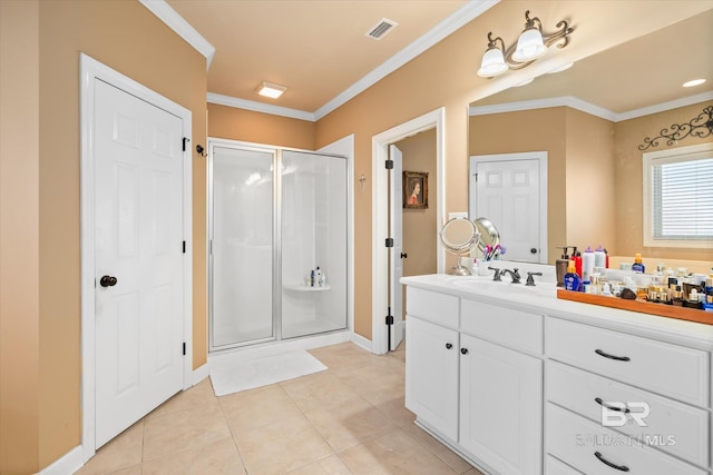 bathroom with walk in shower, vanity, tile patterned floors, and crown molding