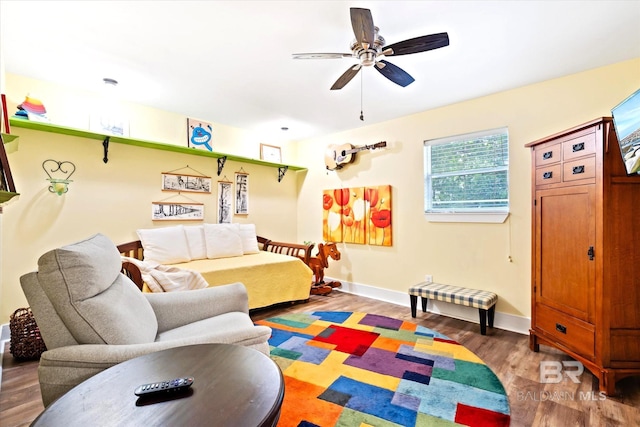 living room with ceiling fan and hardwood / wood-style flooring