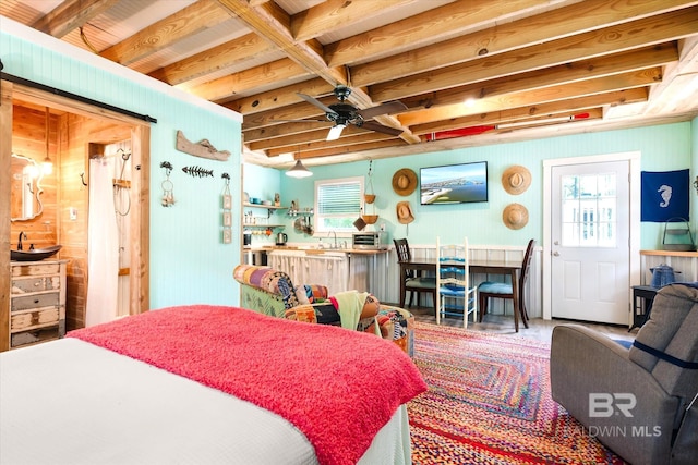 bedroom featuring beam ceiling, coffered ceiling, and multiple windows