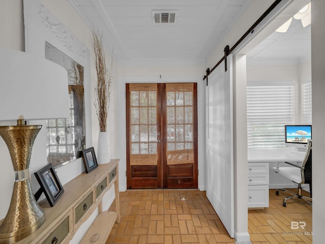 5410 Florida Ave, Orange Beach, AL 36561 - entrance foyer with a healthy amount of sunlight, french doors, ornamental molding, brick floor, and visible vents