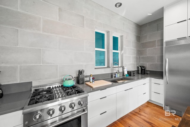 kitchen with premium appliances, light wood finished floors, decorative backsplash, white cabinets, and modern cabinets