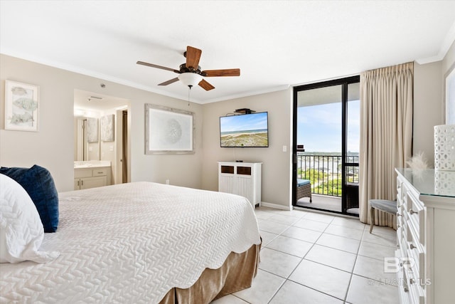 tiled bedroom with ceiling fan, ensuite bath, crown molding, access to outside, and floor to ceiling windows