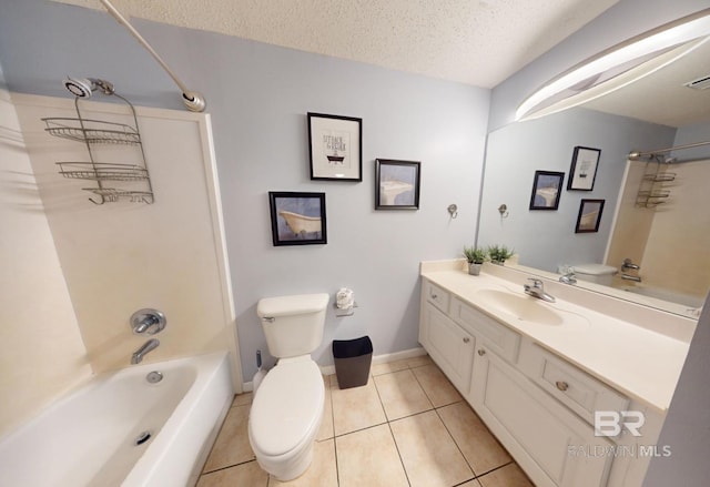 full bath featuring tile patterned flooring, a textured ceiling, toilet, and shower / tub combination