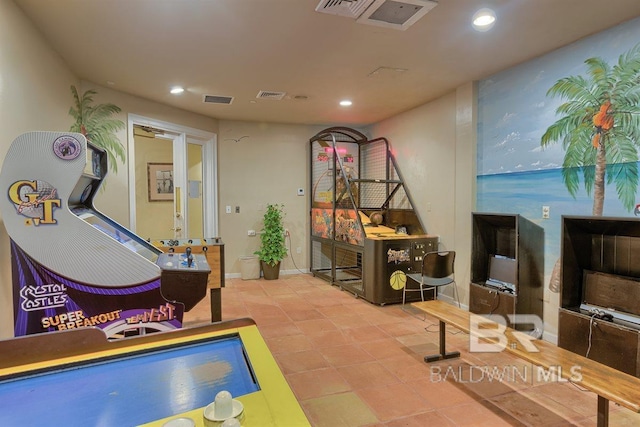 game room with recessed lighting, visible vents, and baseboards