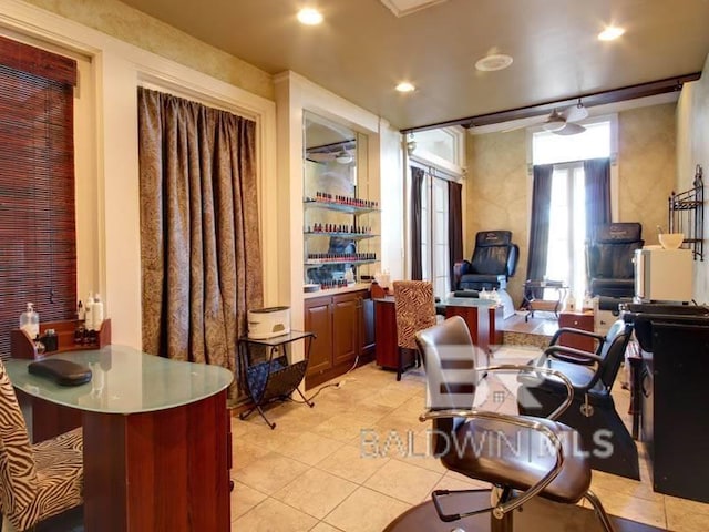 office space featuring recessed lighting and light tile patterned floors