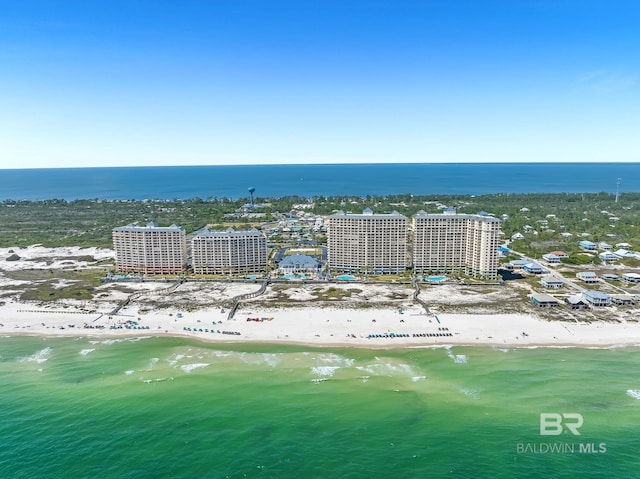 aerial view featuring a beach view and a water view