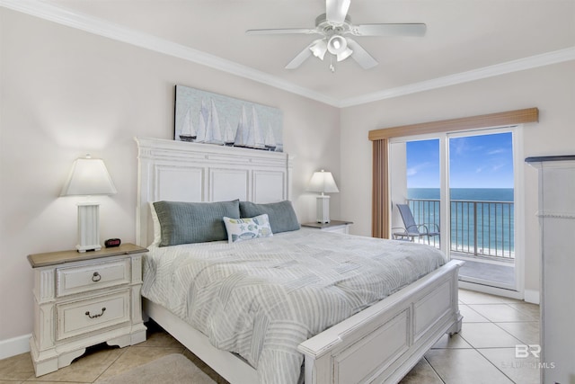 tiled bedroom with ceiling fan, a water view, ornamental molding, and access to outside