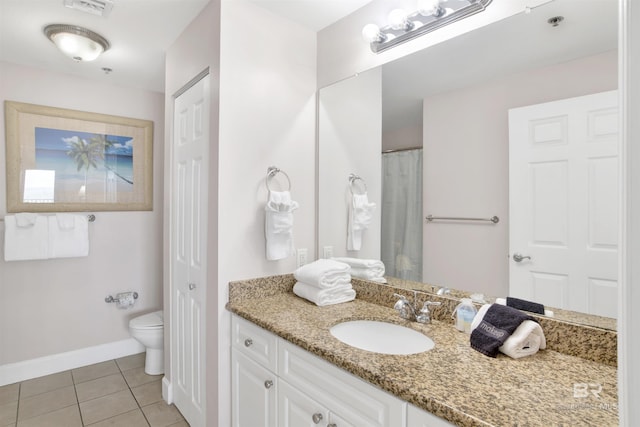 bathroom featuring tile patterned floors, walk in shower, vanity, and toilet