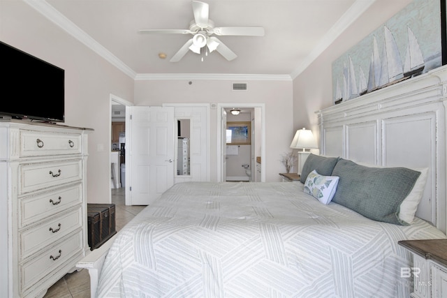 tiled bedroom featuring ceiling fan and crown molding