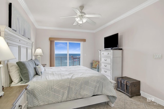 tiled bedroom featuring access to outside, ceiling fan, and crown molding