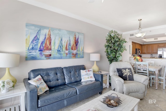 tiled living room with crown molding