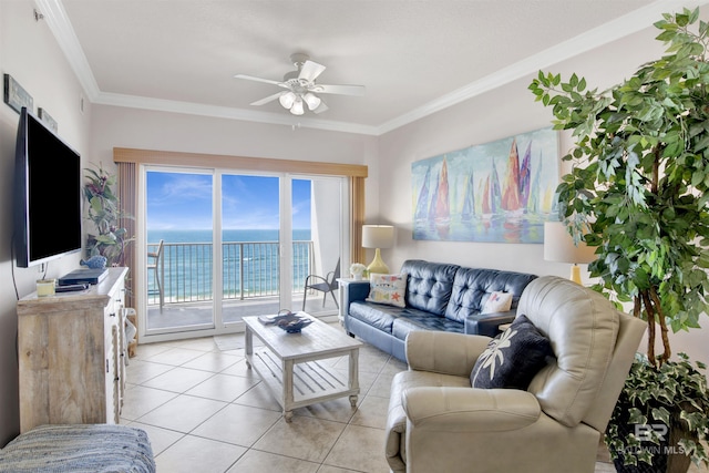 living room featuring light tile patterned floors, ceiling fan, and crown molding