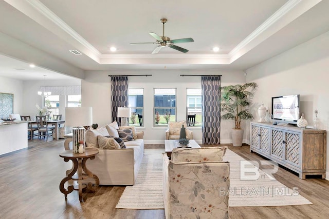 living room with a raised ceiling, light hardwood / wood-style floors, and plenty of natural light