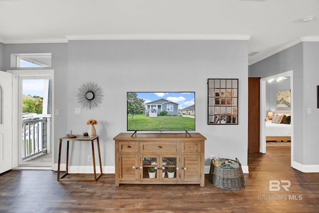 living room with dark hardwood / wood-style floors and ornamental molding