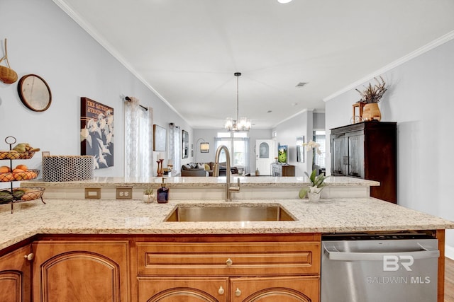 kitchen with light stone counters, sink, stainless steel dishwasher, an inviting chandelier, and crown molding