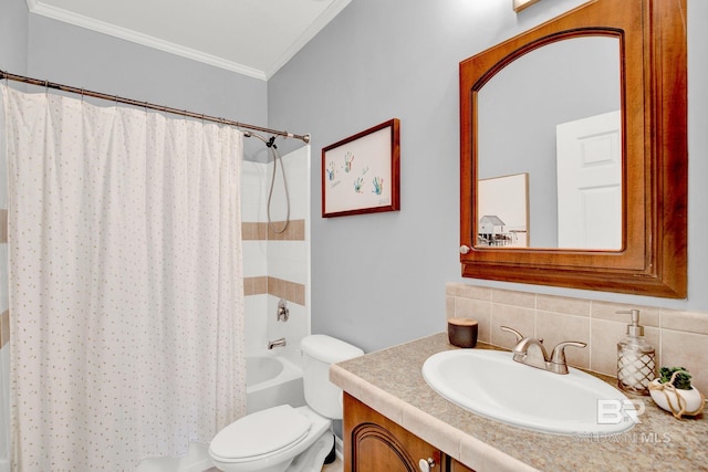 full bathroom featuring vanity, ornamental molding, tasteful backsplash, shower / tub combo, and toilet