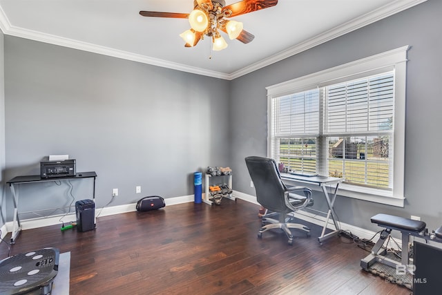 office area featuring baseboards, ornamental molding, ceiling fan, and dark wood-style flooring