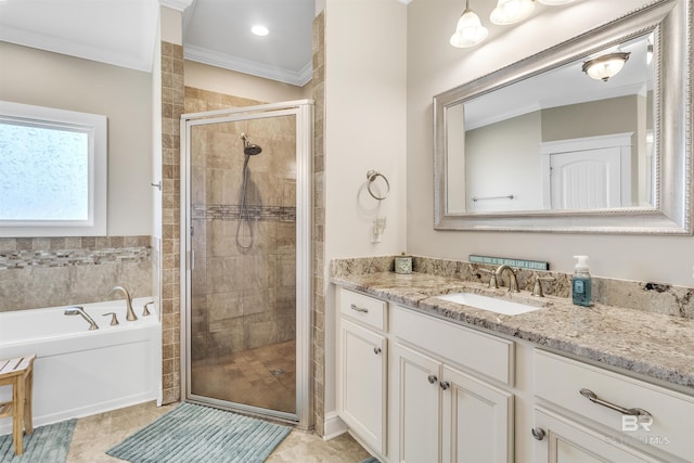 full bathroom with a garden tub, a shower stall, ornamental molding, and vanity