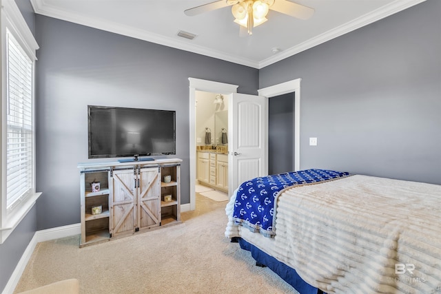 bedroom featuring light carpet, ornamental molding, and visible vents