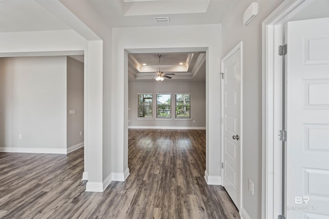 343 Stave Mill Rd, Fairhope, AL 36532 - entryway with visible vents, baseboards, a tray ceiling, and dark wood-type flooring