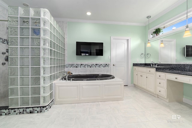 bathroom with large vanity, ornamental molding, and tile flooring