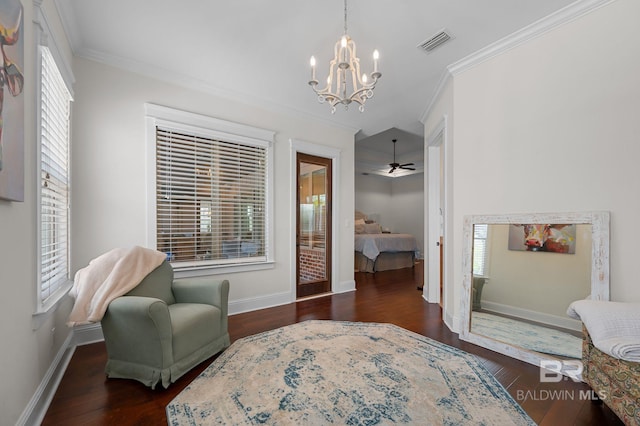 bedroom featuring baseboards, visible vents, a notable chandelier, dark wood-type flooring, and ornamental molding