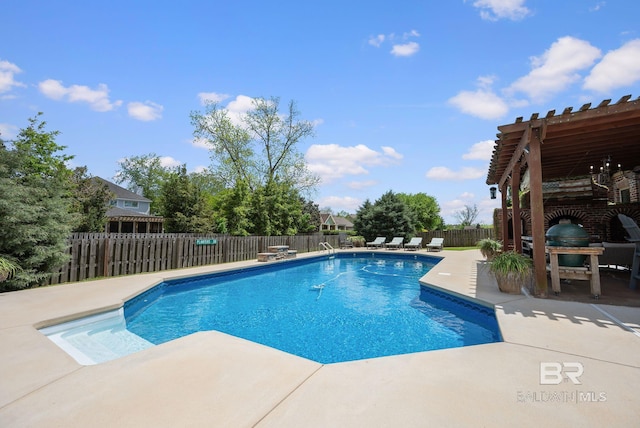 view of swimming pool featuring a fenced backyard, a patio area, and a fenced in pool