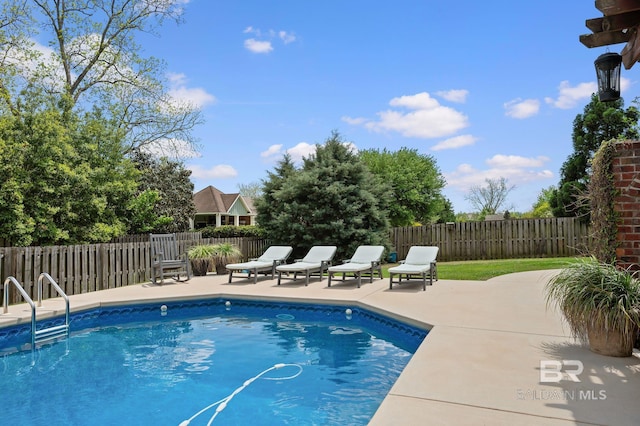 view of pool featuring a fenced in pool, a patio, and fence
