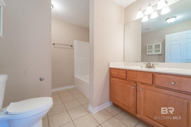 full bath featuring tile patterned floors, baseboards, vanity, and toilet