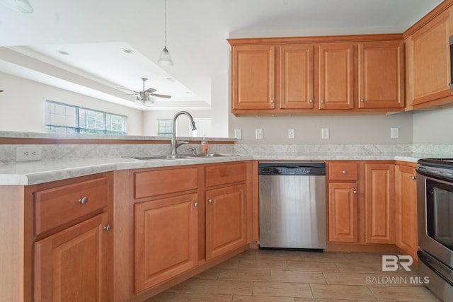 kitchen with a ceiling fan, electric range oven, stainless steel dishwasher, a sink, and light countertops