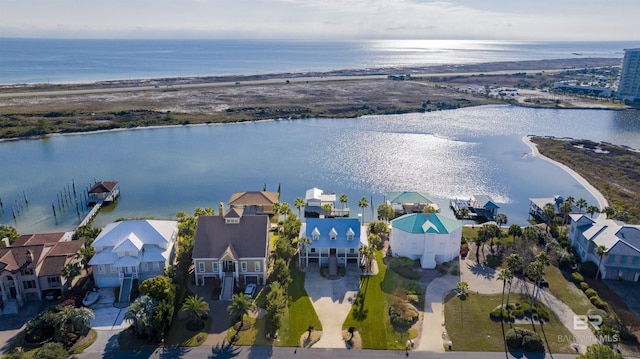 drone / aerial view featuring a water view