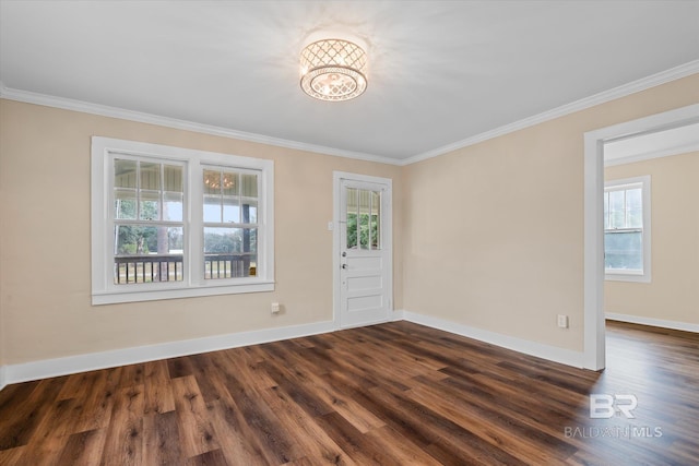 unfurnished room featuring crown molding, dark hardwood / wood-style flooring, a healthy amount of sunlight, and a notable chandelier