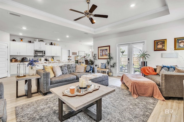 3905 Mercury Cir, Gulf Shores, AL 36542 - living area with a ceiling fan, visible vents, light wood-style floors, ornamental molding, and recessed lighting