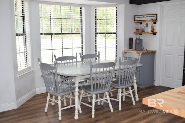 dining area with a wealth of natural light and dark wood-type flooring