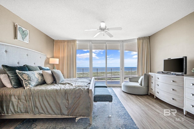 bedroom with expansive windows, a textured ceiling, wood finished floors, and access to exterior