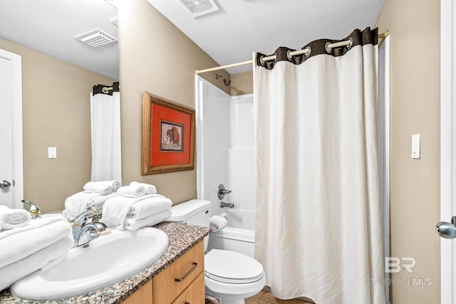 bathroom with toilet, shower / bath combo with shower curtain, vanity, and visible vents