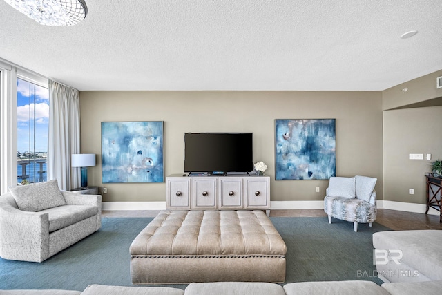 living room featuring a textured ceiling and baseboards