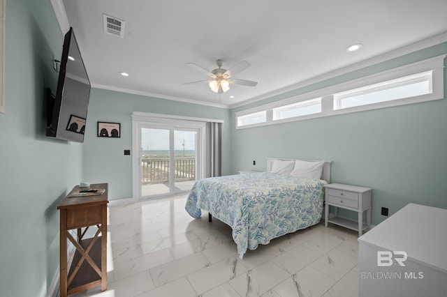 2420 Bienville Blvd, Dauphin Island, AL 36528 - bedroom with access to outside, light marble finish flooring, recessed lighting, a ceiling fan, and crown molding