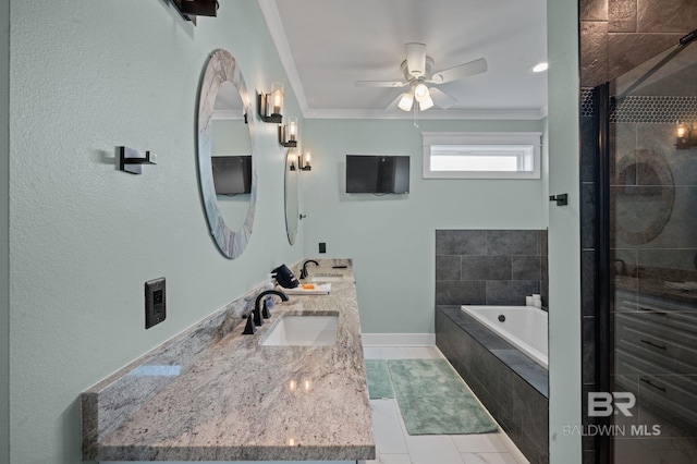 2420 Bienville Blvd, Dauphin Island, AL 36528 - full bath featuring a bath, ceiling fan, ornamental molding, tiled shower, and double vanity