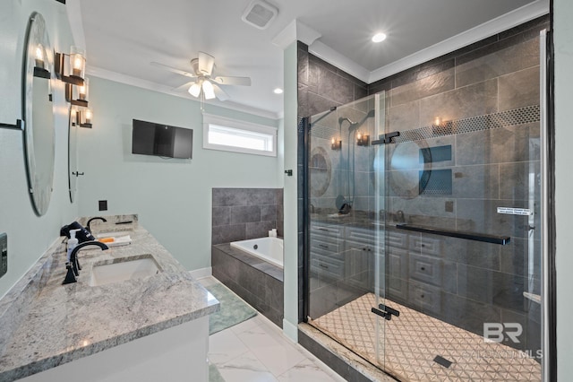 2420 Bienville Blvd, Dauphin Island, AL 36528 - bathroom with a bath, crown molding, double vanity, a stall shower, and a ceiling fan