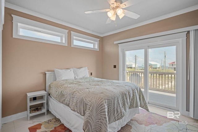 2420 Bienville Blvd, Dauphin Island, AL 36528 - bedroom with access to exterior, baseboards, crown molding, and ceiling fan