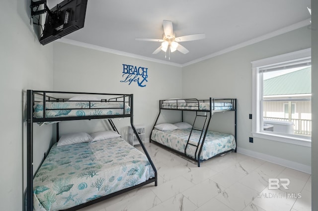 2420 Bienville Blvd, Dauphin Island, AL 36528 - bedroom with marble look tiles, baseboards, crown molding, and a ceiling fan