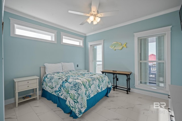 2420 Bienville Blvd, Dauphin Island, AL 36528 - bedroom featuring marble look tile flooring, ornamental molding, baseboards, and ceiling fan